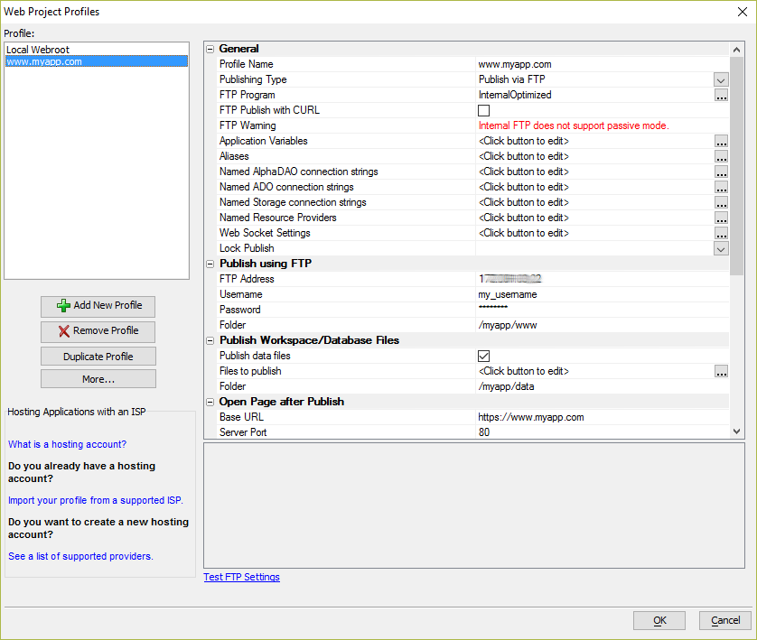 Select the remote publishing profile in the Web Project Profiles dialog.